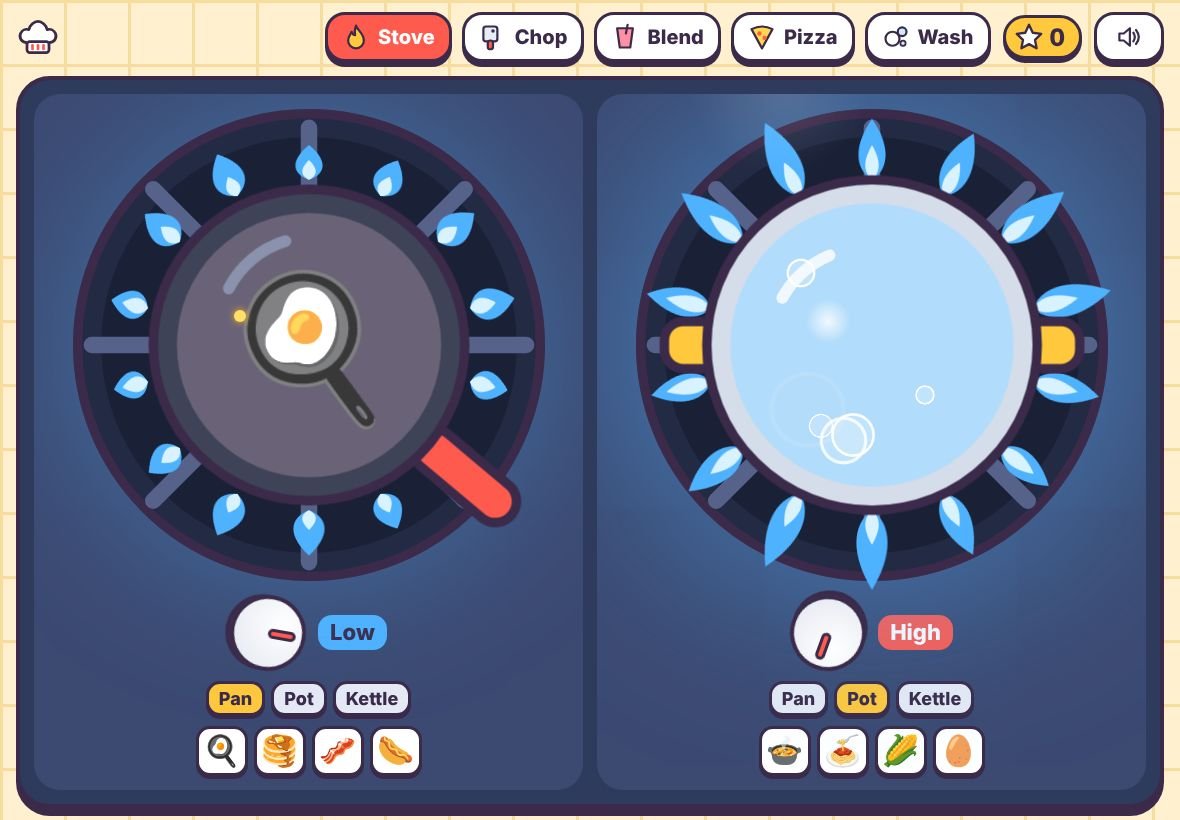Little Chef Kitchen stove with a frying pan and a pot of bubbling water on blue flames